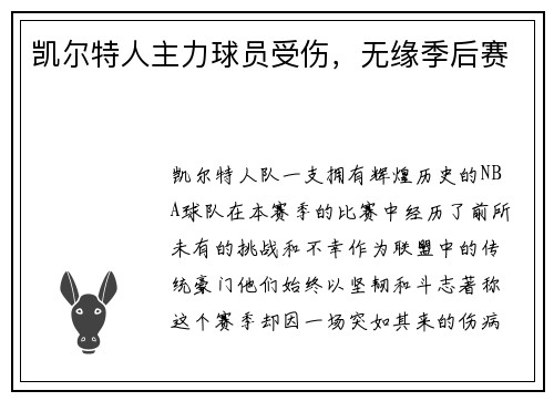 凯尔特人主力球员受伤，无缘季后赛
