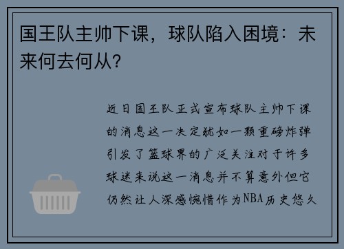 国王队主帅下课，球队陷入困境：未来何去何从？