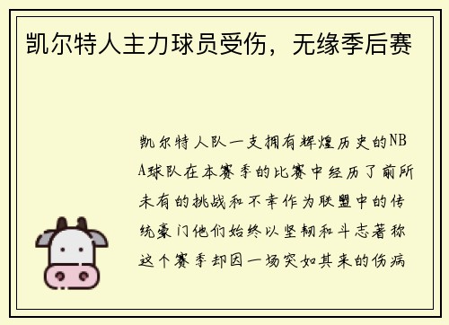 凯尔特人主力球员受伤，无缘季后赛