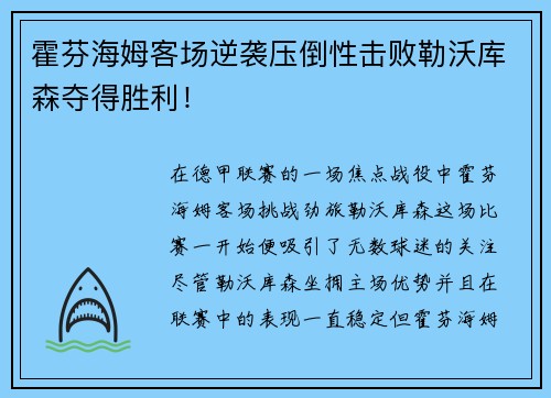 霍芬海姆客场逆袭压倒性击败勒沃库森夺得胜利！